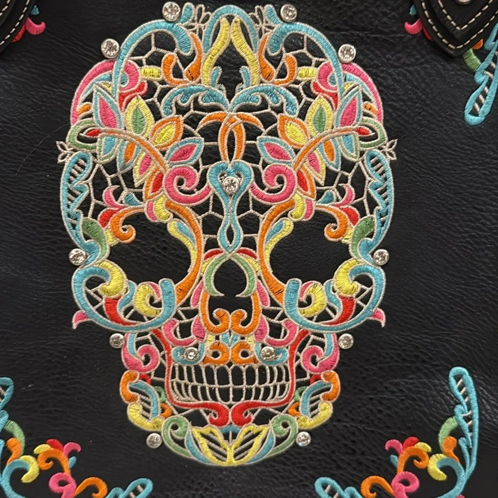 MONTANA WEST Large black Sugar Skull Collection purse. NWOT - Picture 3 of 10